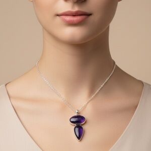 Natural Amethyst 925 Silver Plated Long Gemstone Handmade Pendant 2.6"